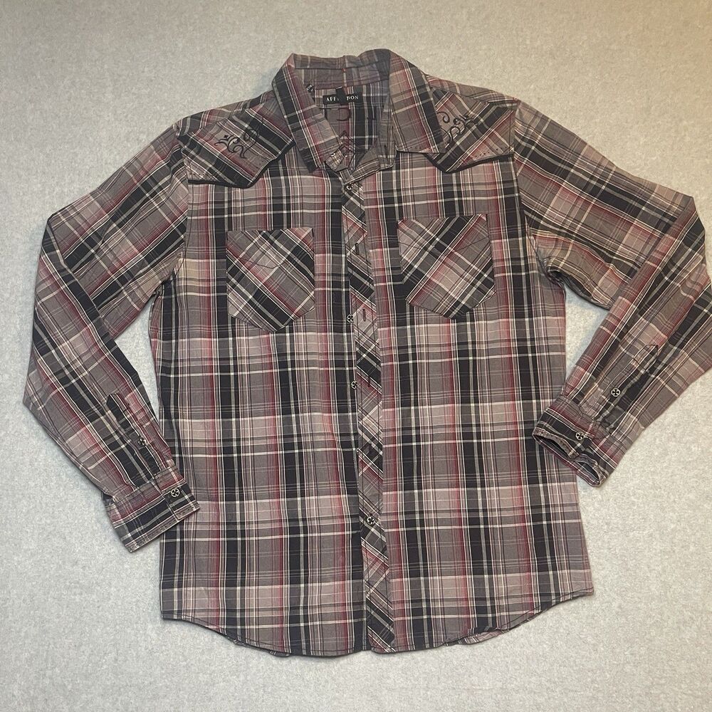 Vintage Affliction Plaid Button-Up Shirt Red Black Gray Long Sleeve Men's L Y2K